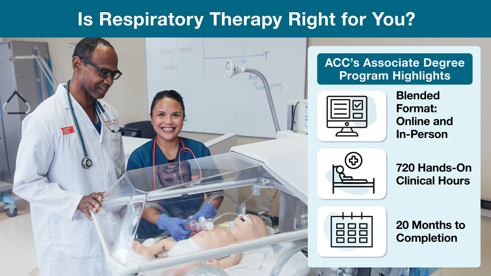 Is Respiratory Therapy Right for You? ACC’s Associate Degree Program Blended Format (Online and In-Person) 720 Hands-On Clinical Hours and 20 months to completion